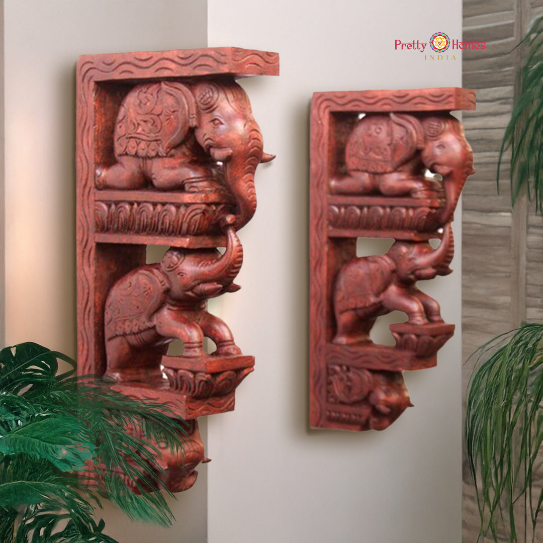 Handcarved 18-inch elephant wooden wall bracket with mother and baby motif