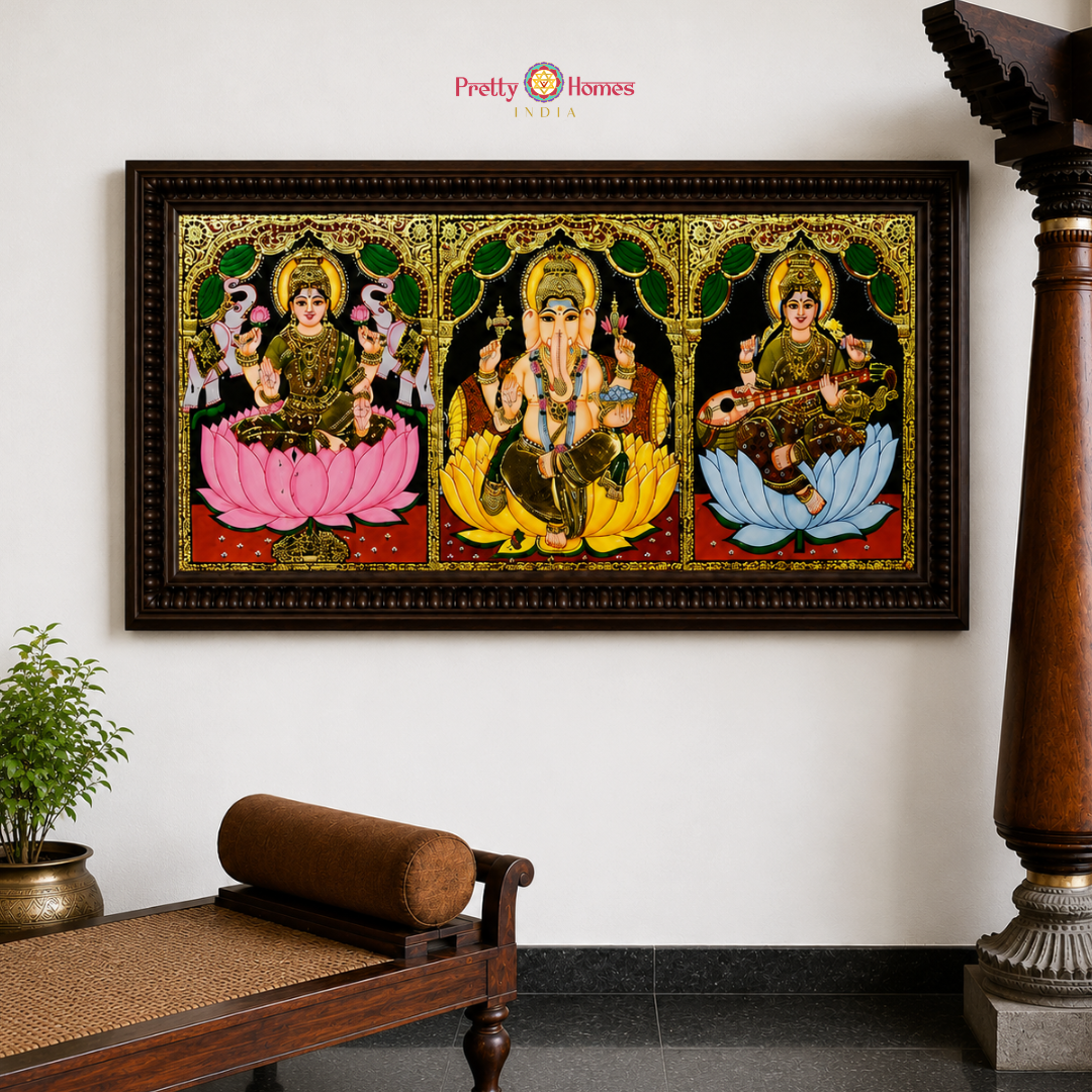 Divine Trinity – Ganesha, Lakshmi & Saraswati Tanjore in Real Gold