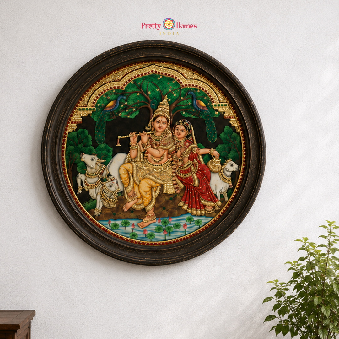 Round Vintage Finish Flute Krishna with Radha & Cows Tanjore