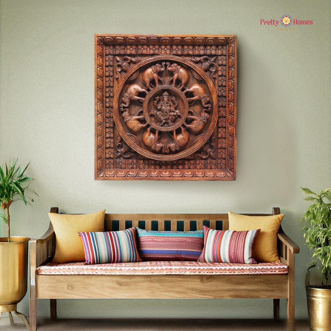 woodcarved circle of elephants with ganesha wall frame full front view