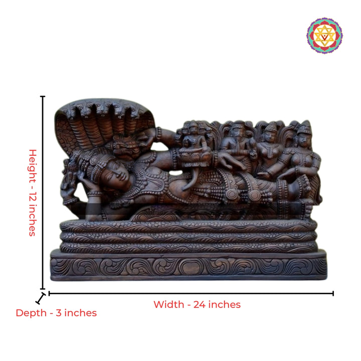 Close-up detailing of Ananta Shayanam Vishnu horizontal wood carving panel