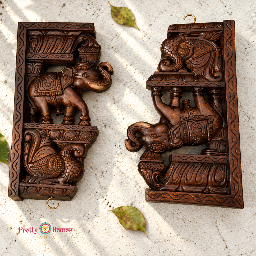 Half-Trunk Elephant with Peacock Wooden Wall Brackets (Single)