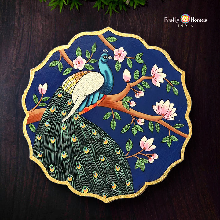 Petal-Shaped Handpainted Wall Plates – Peacock Perched on branch