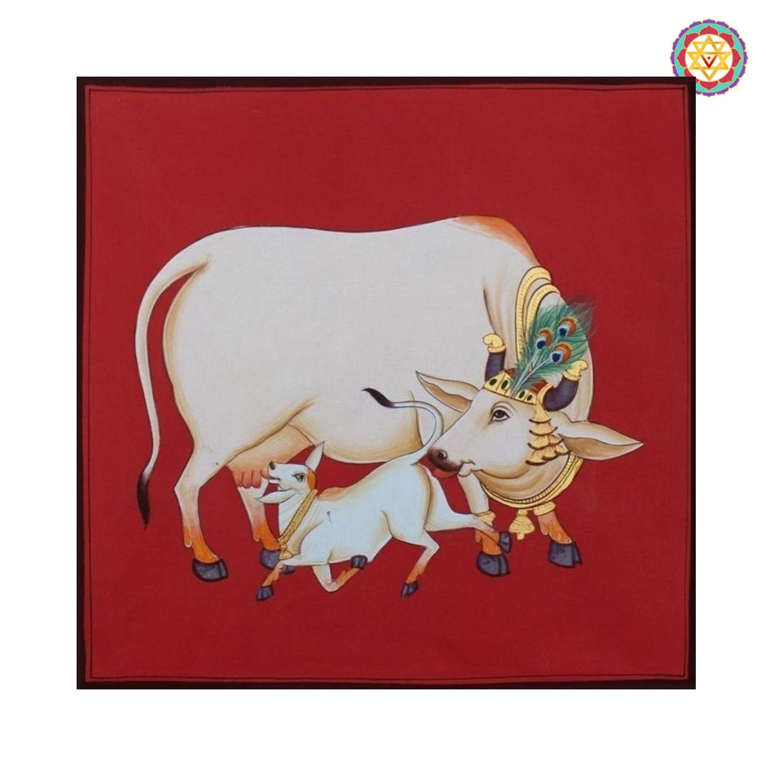 Angle view of handpainted red cow with calf Pichwai artwork