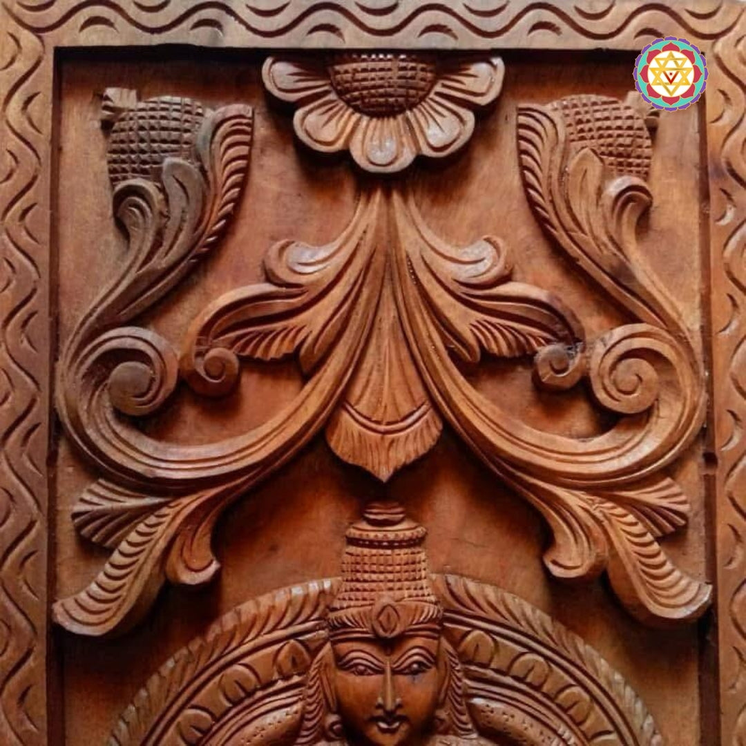 traditional south indian kubera wooden wall panel with lotus motifs