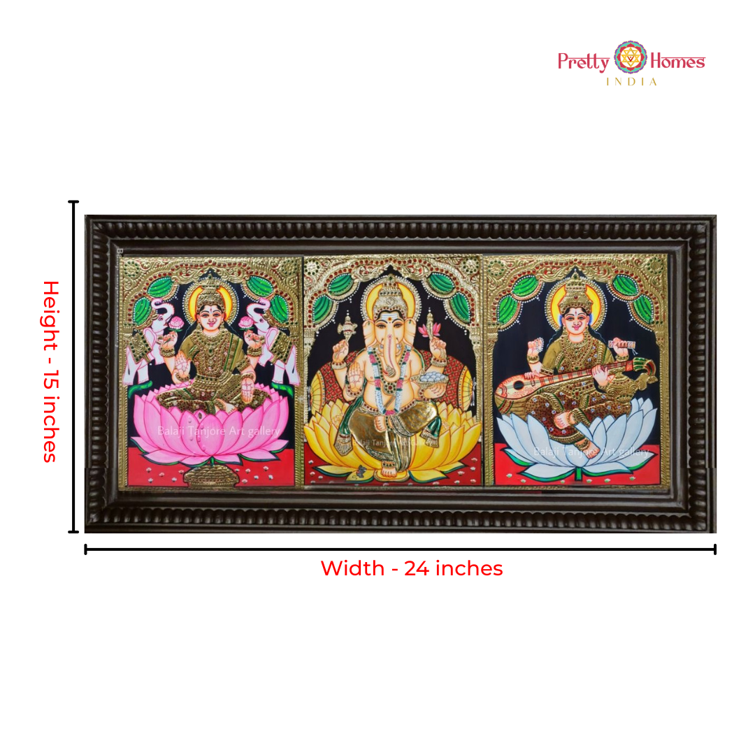 Divine Trinity – Ganesha, Lakshmi & Saraswati Tanjore in Real Gold
