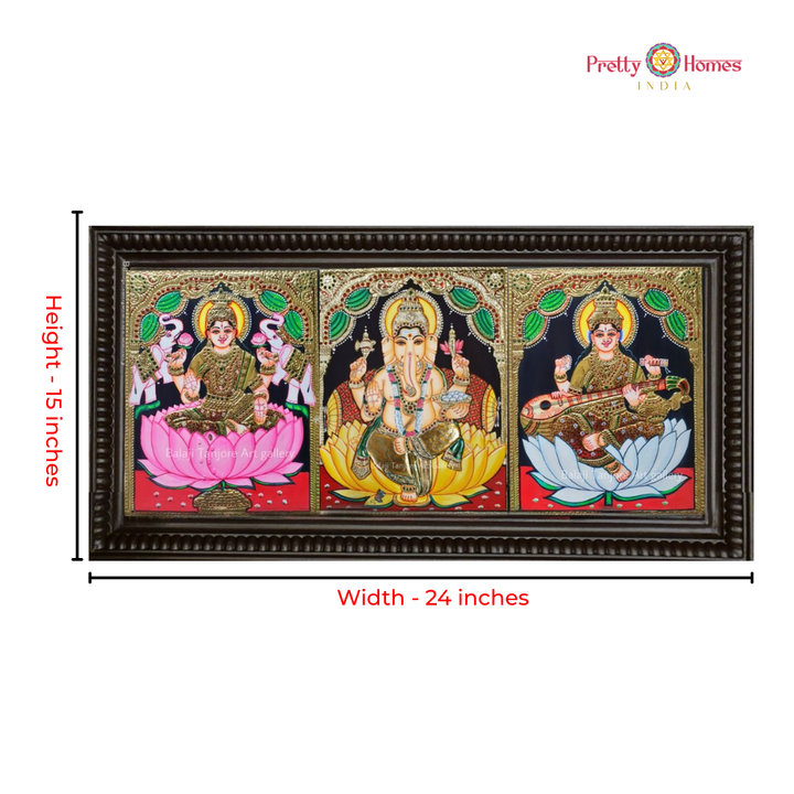 Divine Trinity – Ganesha, Lakshmi & Saraswati Tanjore in Real Gold