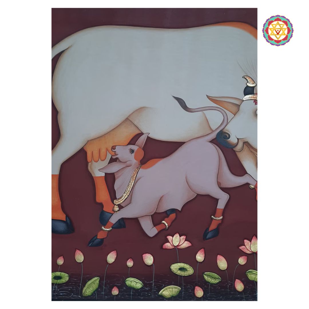Kamdhenu Blessings – Handpainted Pichwai with Gold Border