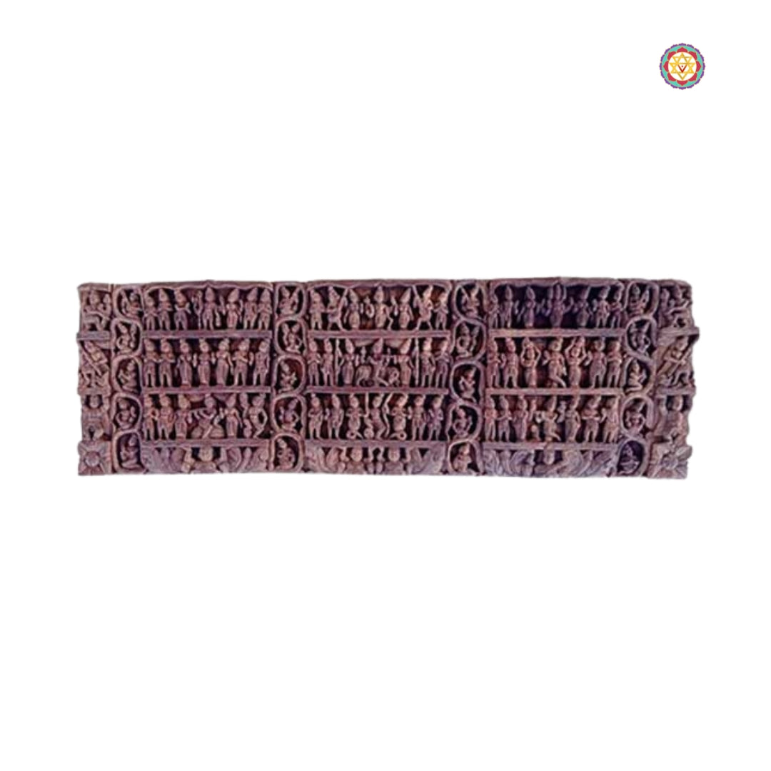 Artistic wood carving showing Krishna with Gopikas – handcrafted heritage wall panel for home.