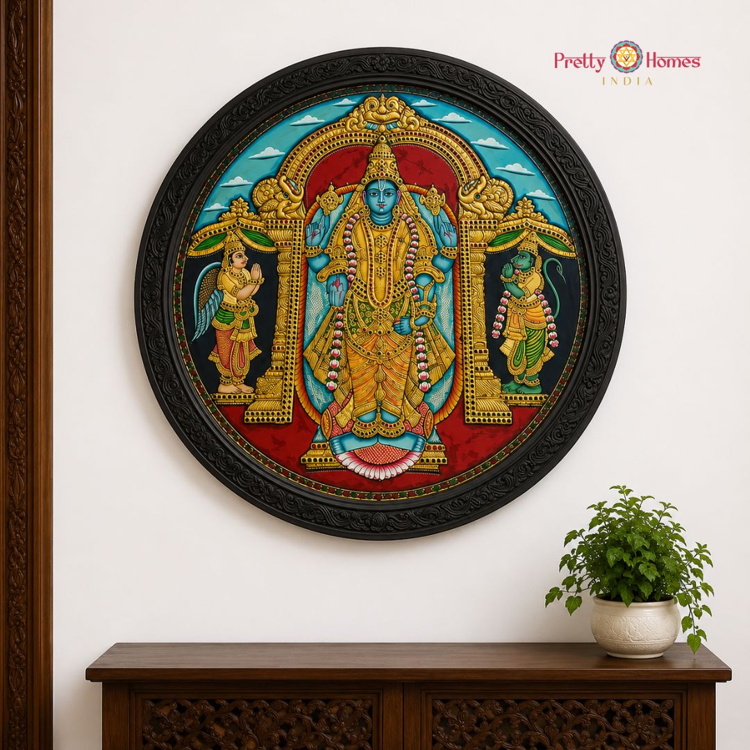 Handpainted Round Mahavishnu with Hanuman & Garuda Tanjore Painting in Real Gold Foil