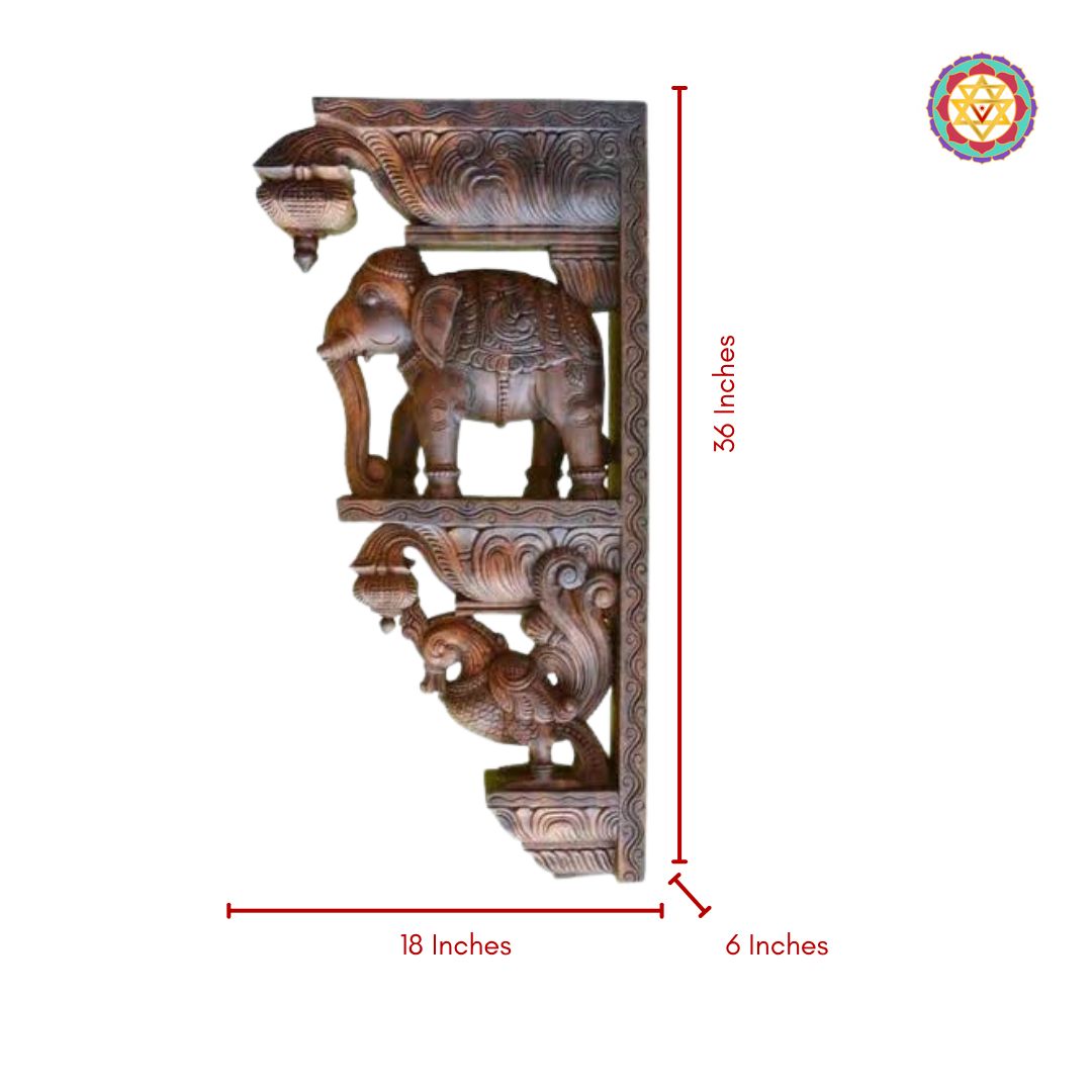 Wooden wall bracket with elephant design and measurements on a white background