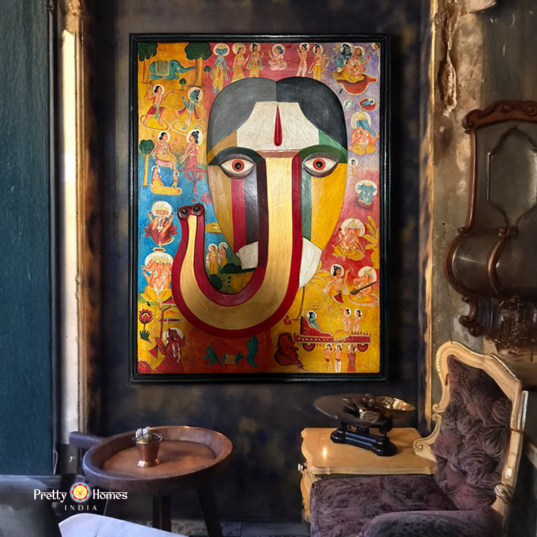 Vintage Ganesha mask painting on wooden frame
