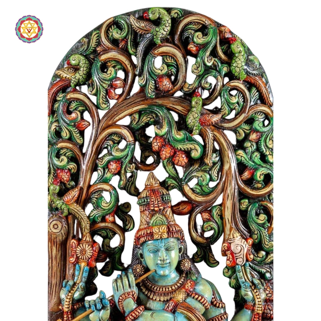 Handcarved Wooden Gopal Krishna Panel Canopy  Sculpture with Playful Cow and Two Gopis.