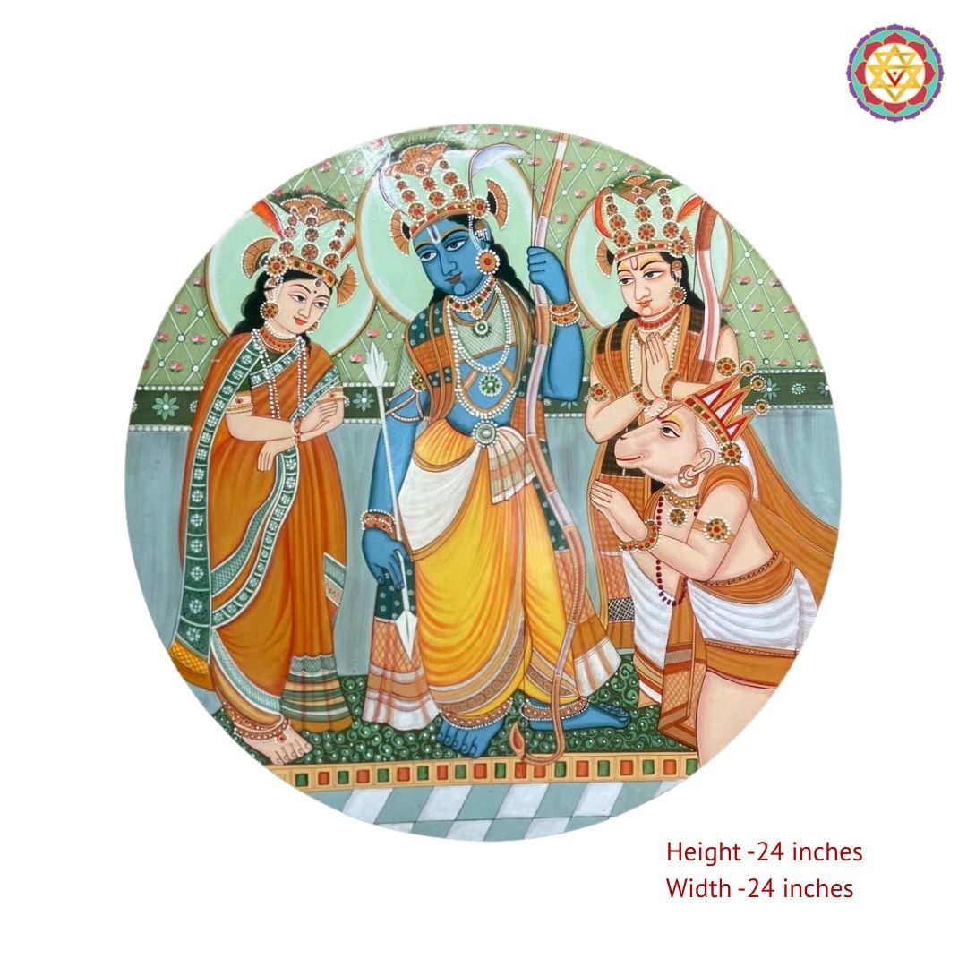 Detailed Ram Darbar pichwai style wall plate with vintage artistic tones