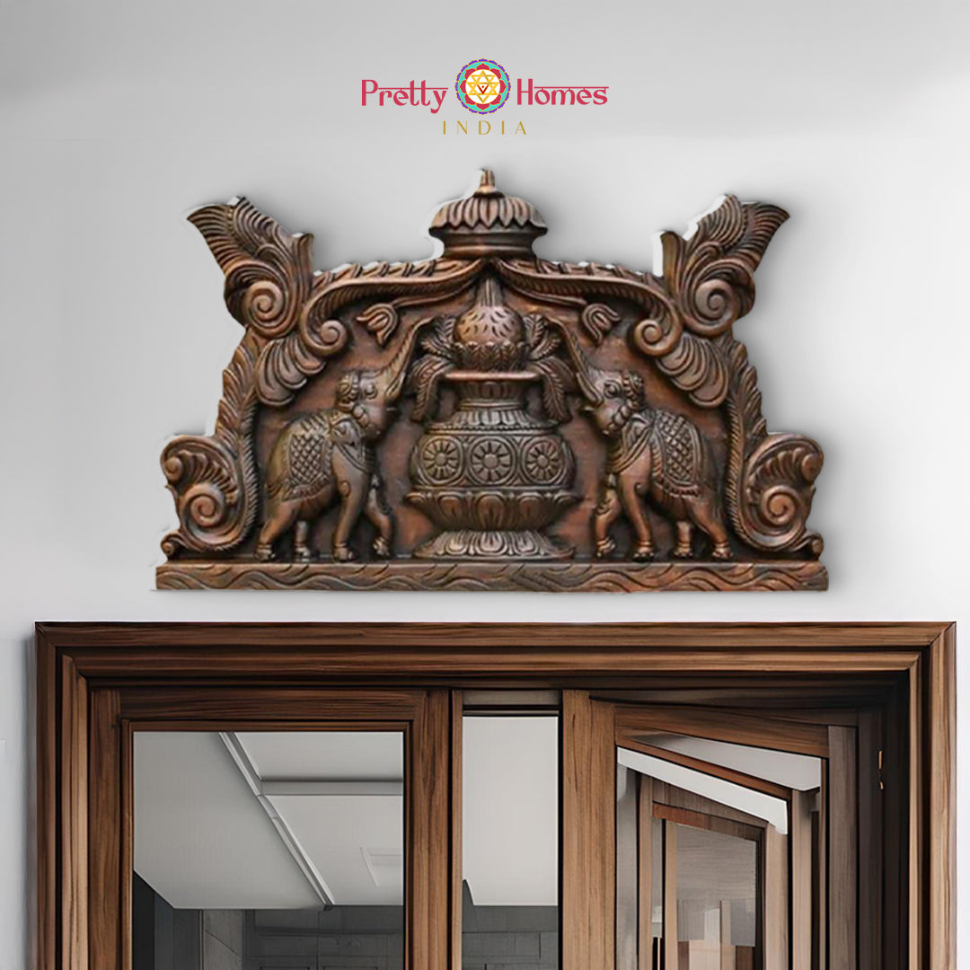 Hand-carved teak wood entrance decor with Mangal Kalash and elephants — antique brown finish, auspicious home entry sculpture