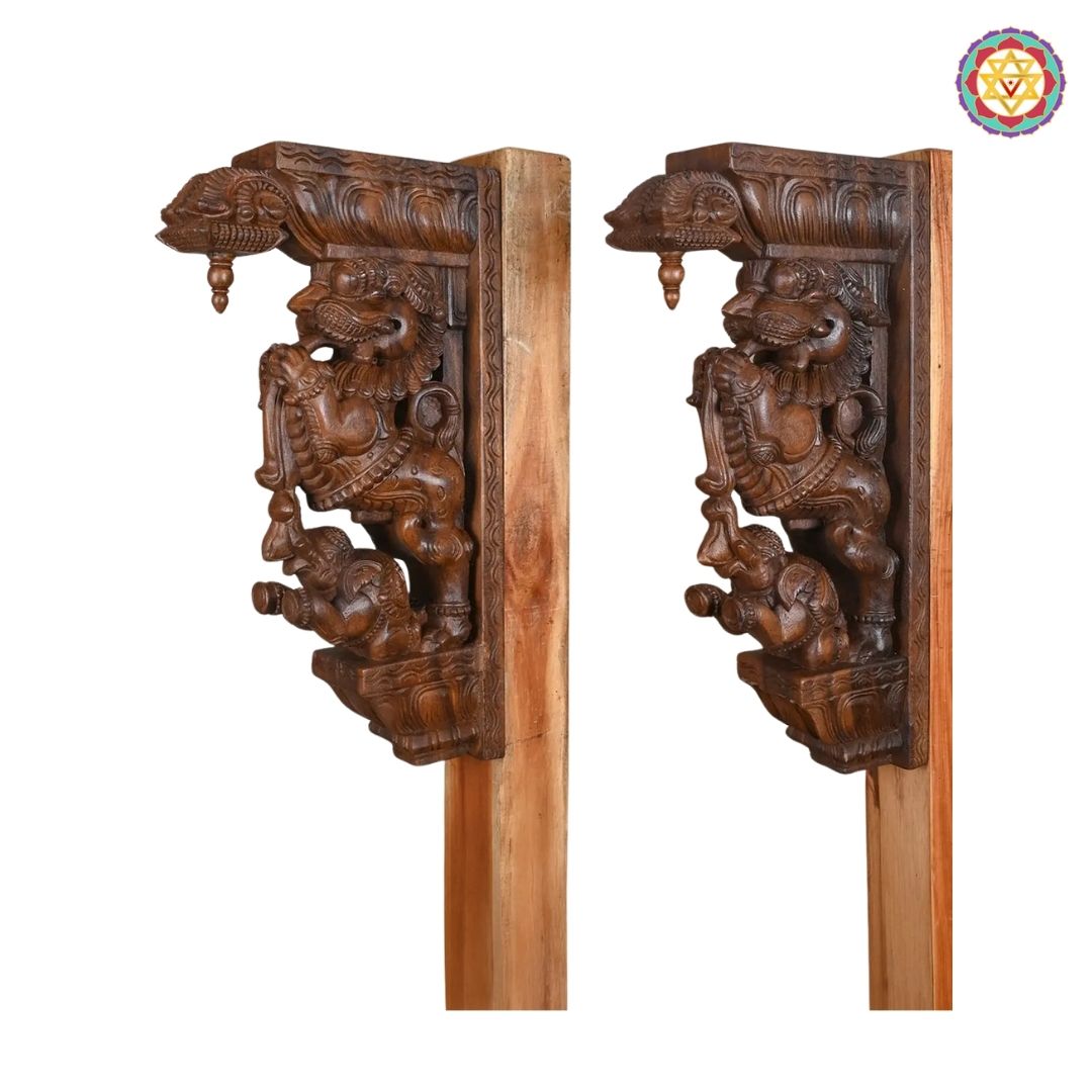 Handmade wooden corbel bracket with Yali and elephant design