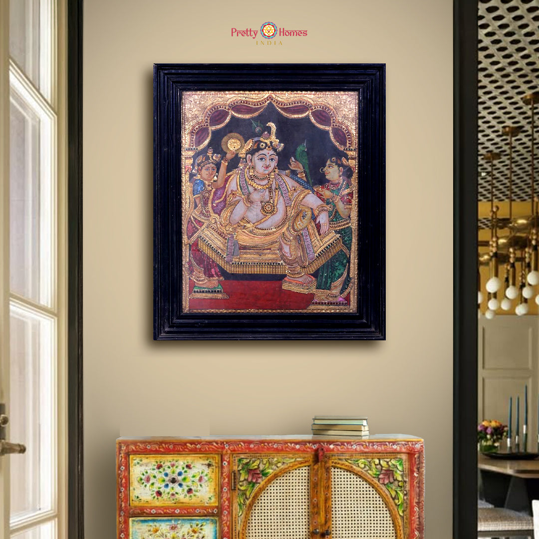 Butter Krishna Tanjore painting with 22-carat gold detailing and wooden frame