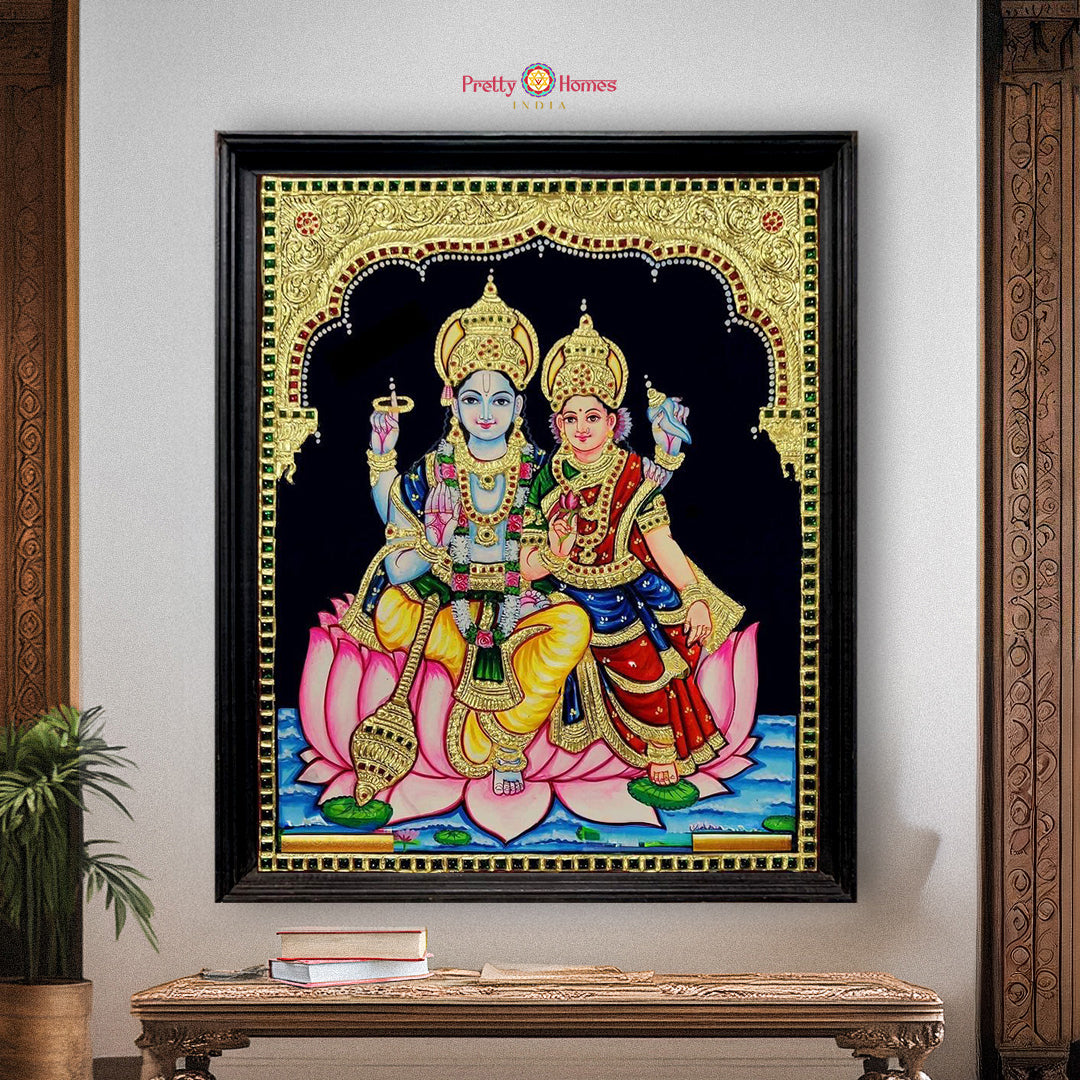 Lord Vishnu with Goddess Lakshmi Tanjore painting using real 22K gold foil traditional Indian wall art