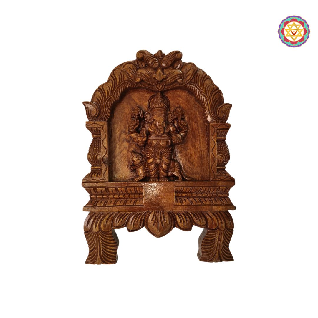 Woodcarved lord &nbsp;ganesha with mouse &nbsp;frame With lotus carvings