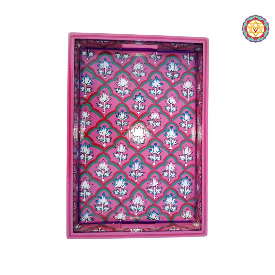 close-up of floral design on hand-painted wooden tray
