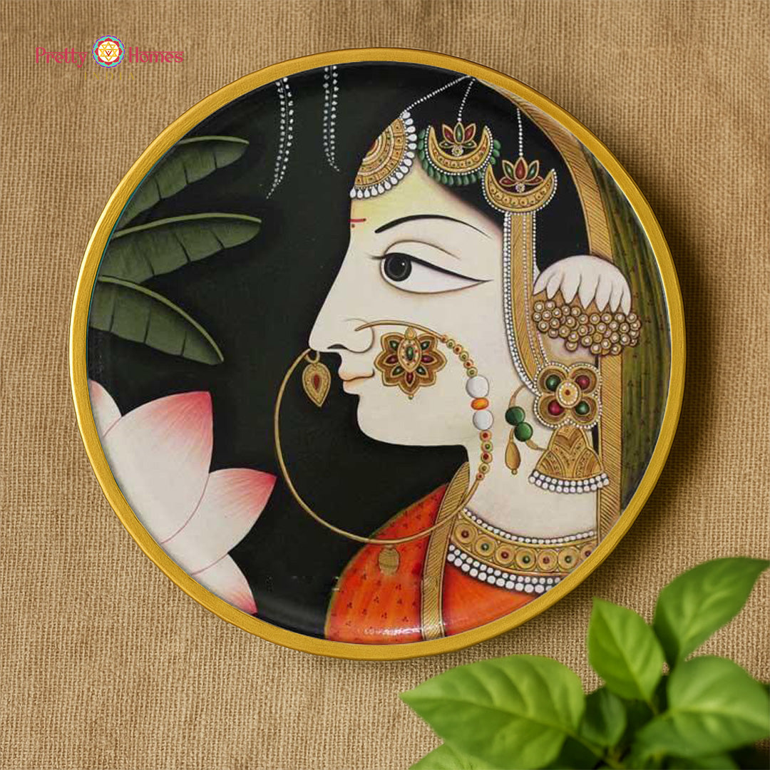 elegant radha krishna painting on pahadi style wooden plate
