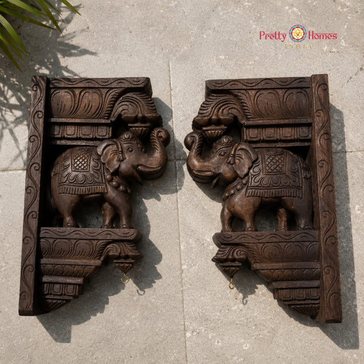 Wood Carved Trunk-Up Elephant Wall Corbels