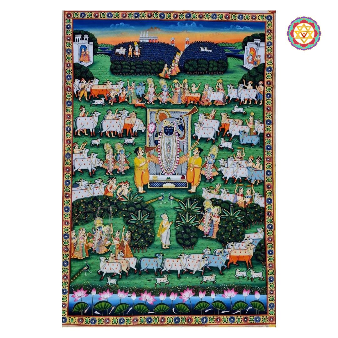 Artistic detail of cows, gods, and floral elements in Rajasthani pichwai painting.