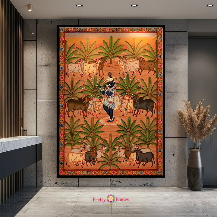Handpainted pichwai-Shrinathji in the Forest – Rustic Orange Pichwai