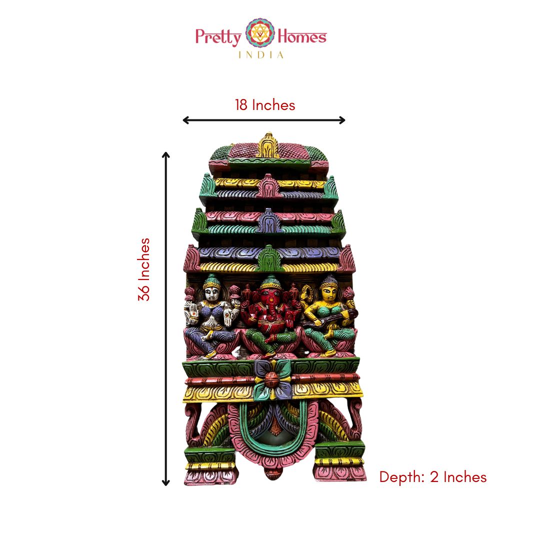Detailed close-up of prabhavali and base carving — antique gold polish, traditional temple-style wall art