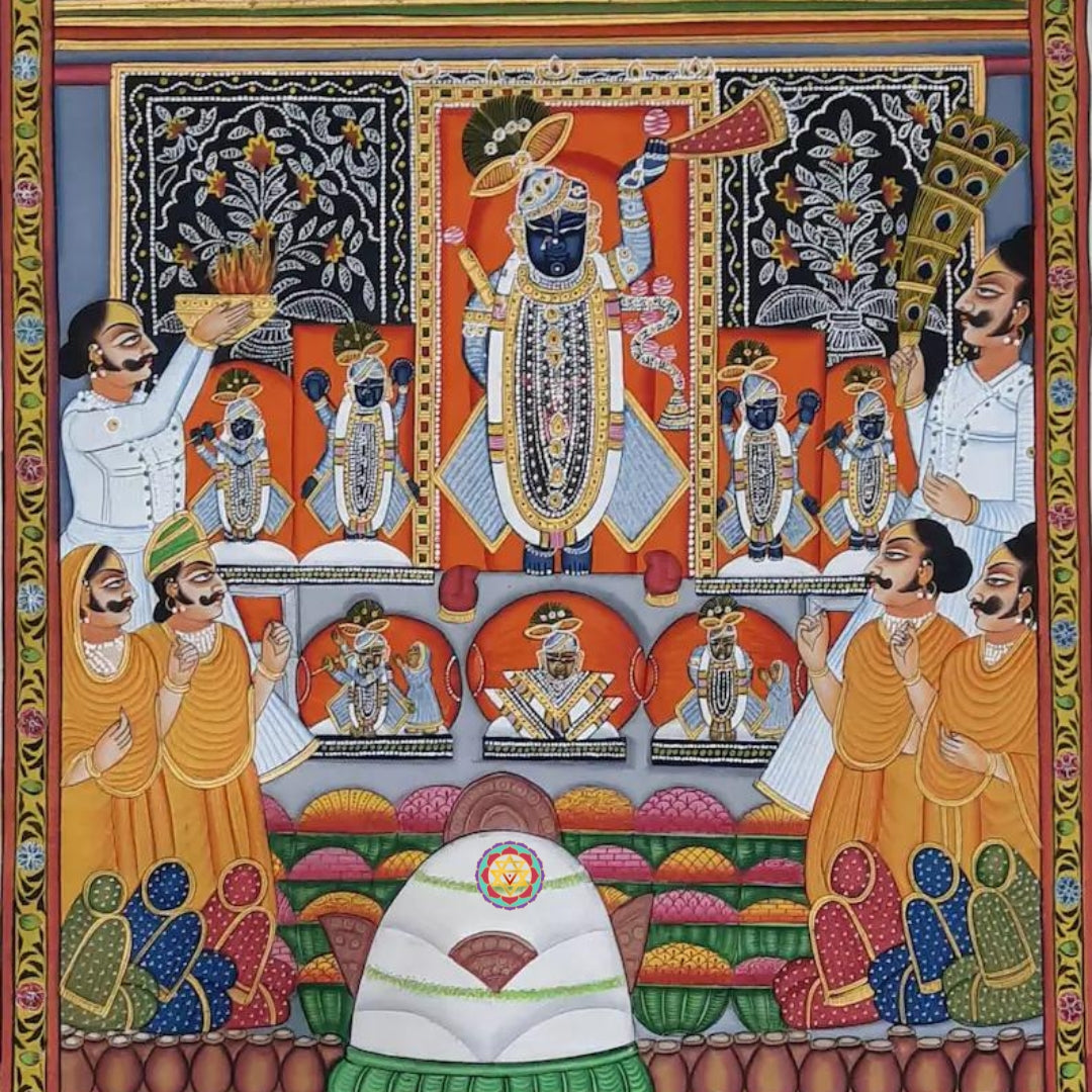 Full Pichwai painting with central Shrinathji idol, devotees, offerings and lotus filled foreground