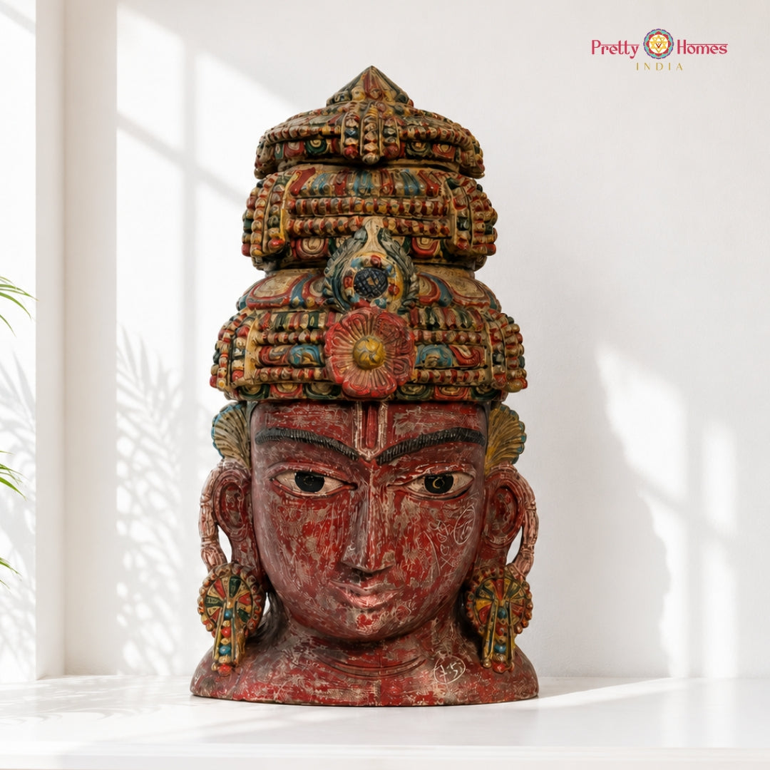 Rustic Red Wood-Carved Vishnu Bust