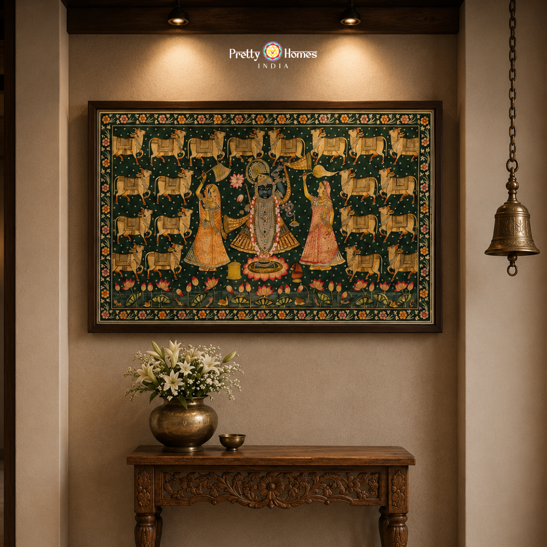 Handpainted Pichwai – Vintage Green Shrinathji with Gopikas & Cows