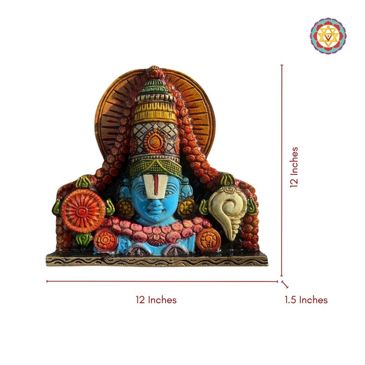 Exquisitely handcarved 12-inch wooden wall panel featuring Lord Tirupati Balaji in rich traditional detail.