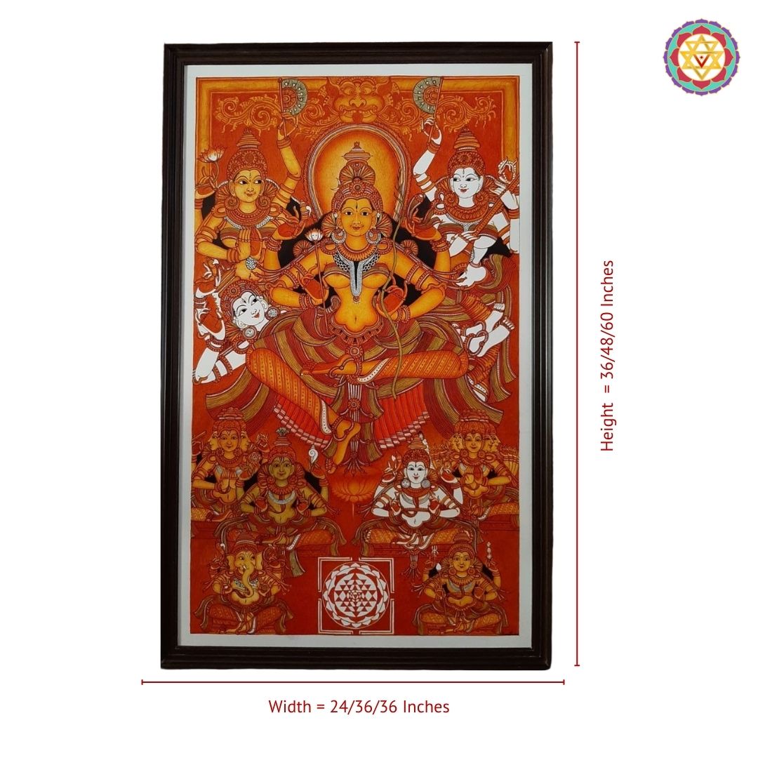 Kerala Mural Style Tripura Sundari (Rajrajeshwari) Painting – Divine Feminine with Celestial Deitie