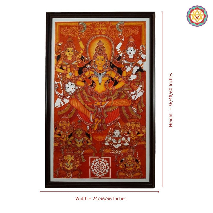 Kerala Mural Style Tripura Sundari (Rajrajeshwari) Painting – Divine Feminine with Celestial Deitie