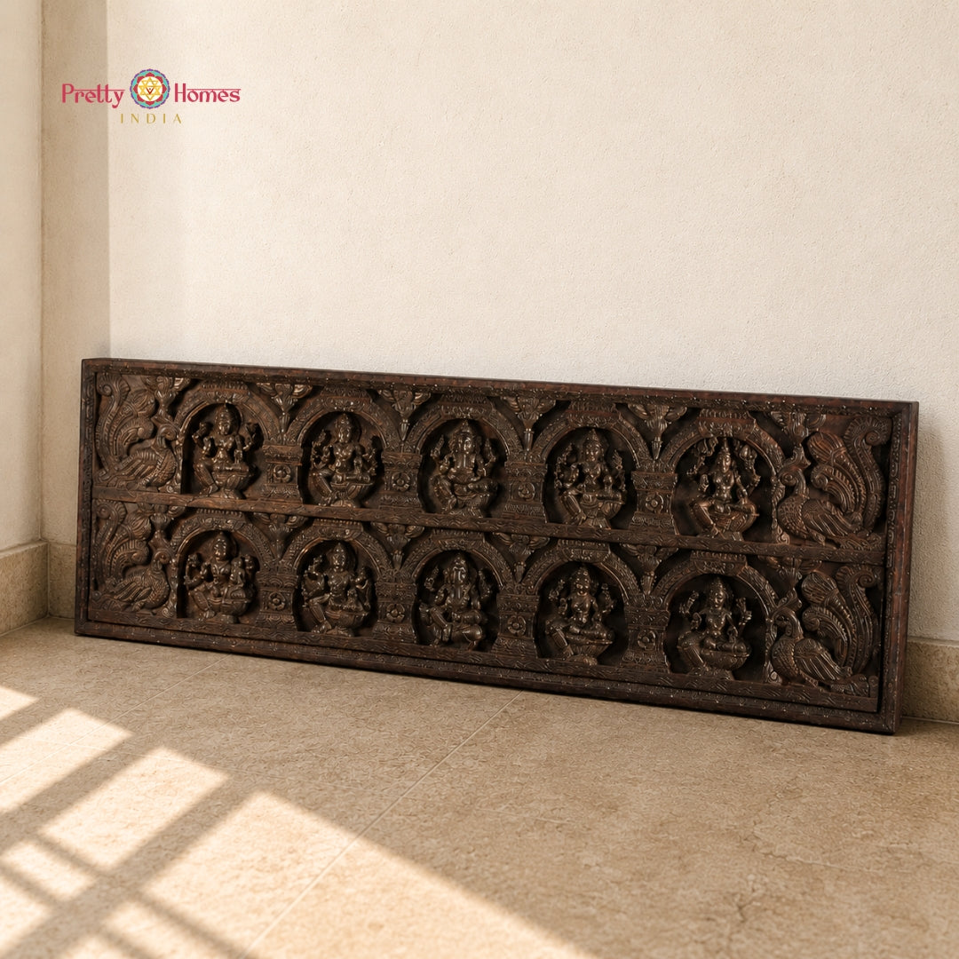 Ashta Ganesh & Ashta Lakshmi — 72” Handcrafted Wooden Temple Panel for Sacred & Heritage Walls