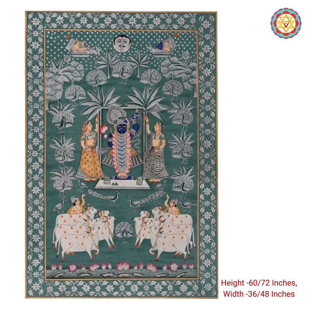 close-up of green shrinathji pichwai showing rich colour palette