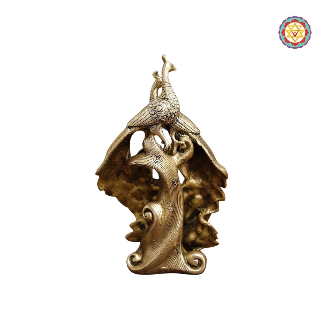Brass Peacock Pair Statue – 12 Inch | Golden Finish Decorative Showpiece for Home, Temple and Gifting