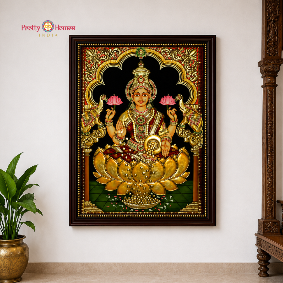 Aesthetic Goddess Dhanalakshmi Tanjore in Real Gold