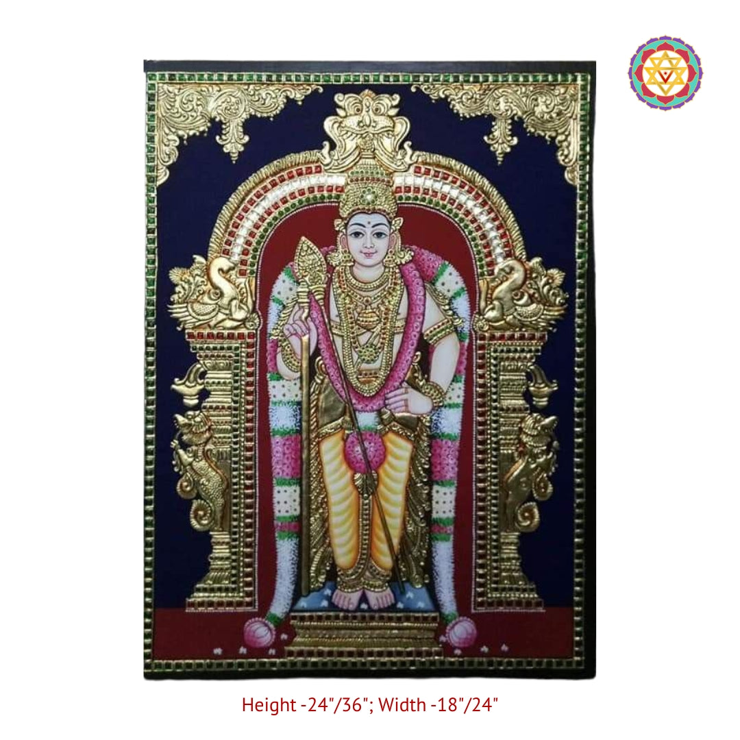 Devotional Lord Murugan antique style Tanjore painting in wooden frame with gold foil