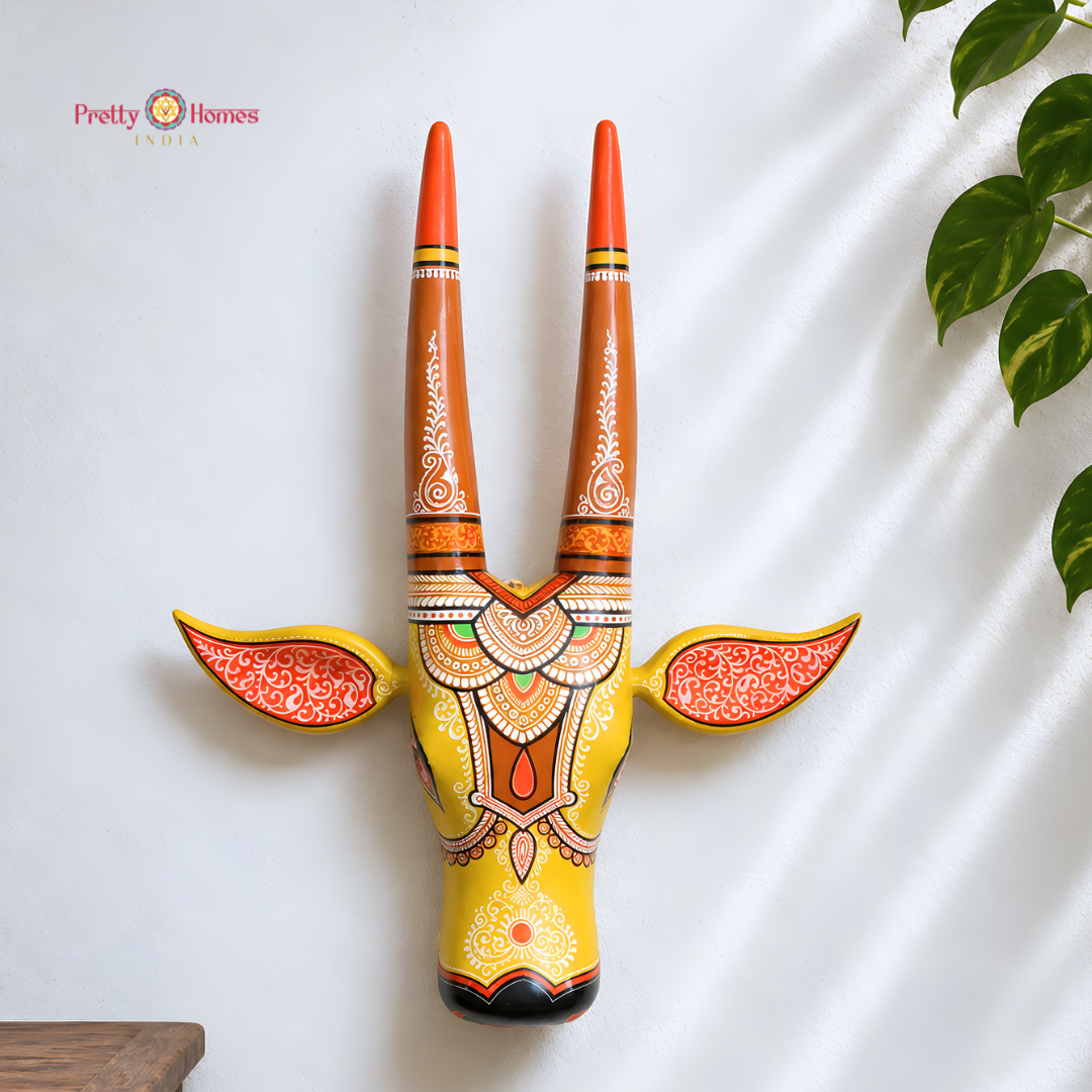 Yellow & Red Hand-Painted Cow Head with Motifs —