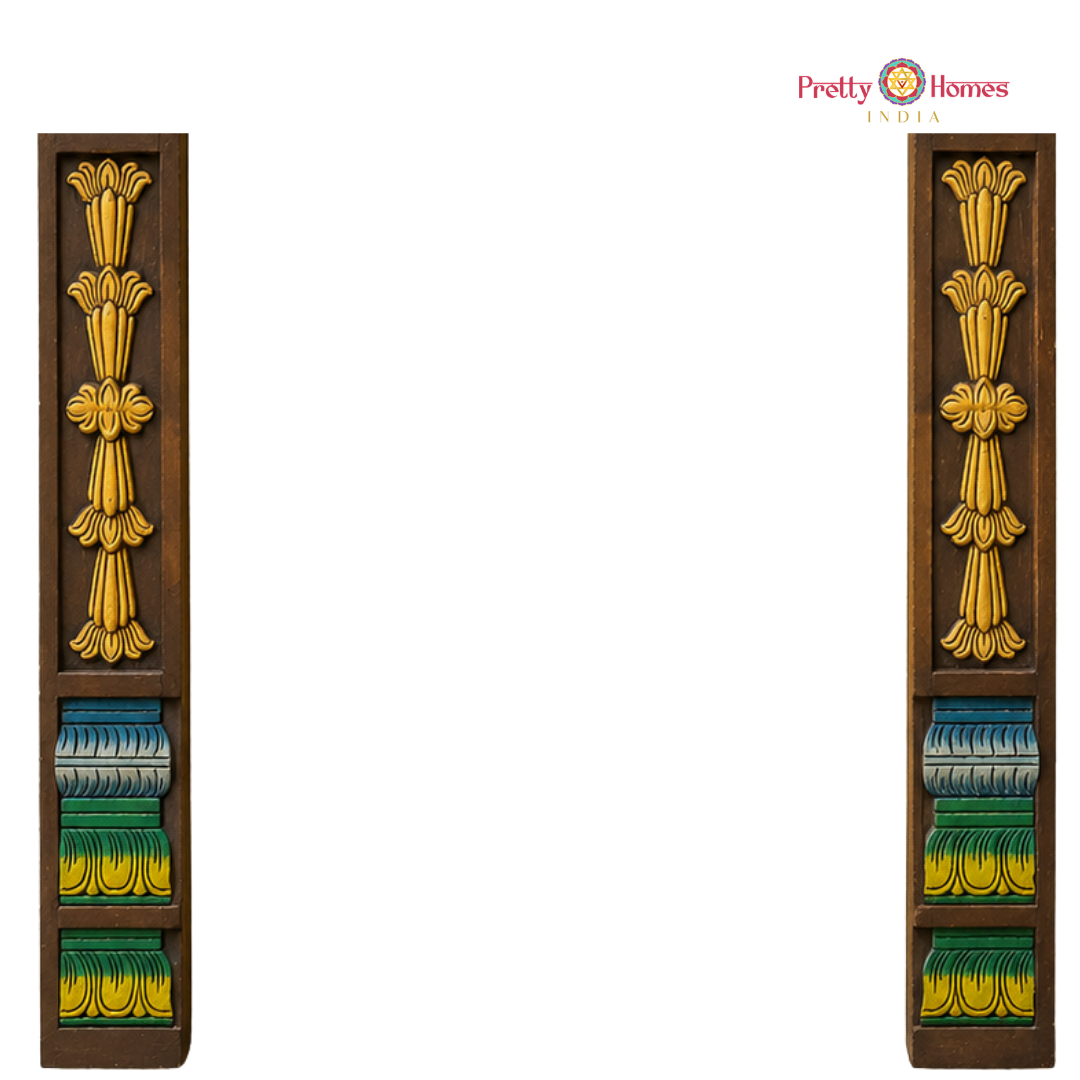 Wood-Carved Chettinad-Style Gopuram with Floral Side Pillars