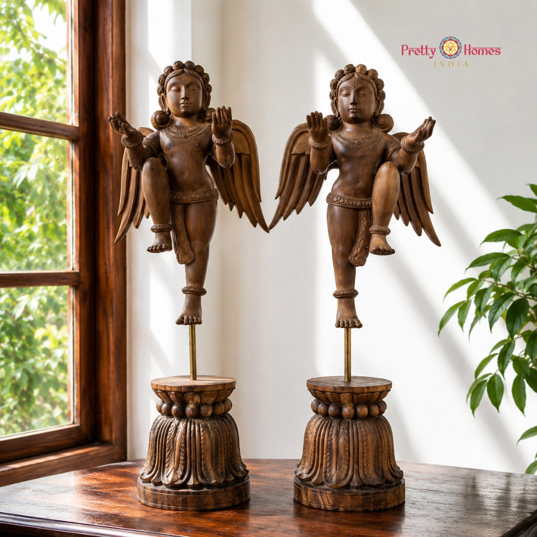 Woodcarved Gandharva (Indian Angel) Sculpture — Mounted with Stand - Single