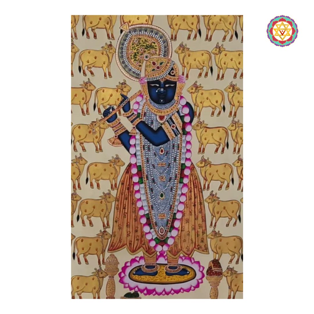 full framed shrinathji pichwai artwork showing deity and cows in a sacred composition