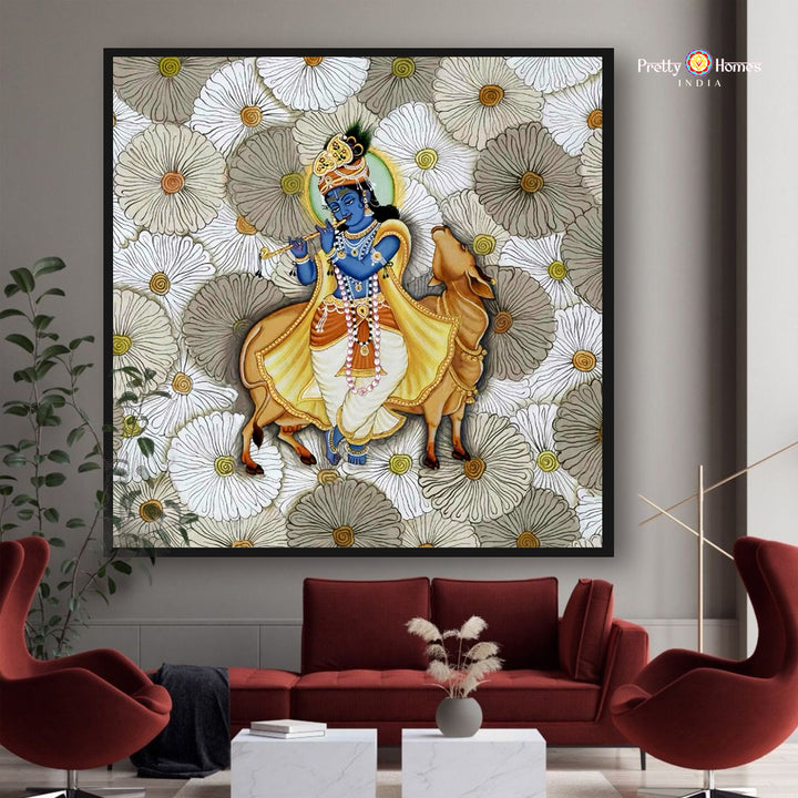 Flute Krishna – Handpainted Pichwai with Cows & Aesthetic Floral Detailing