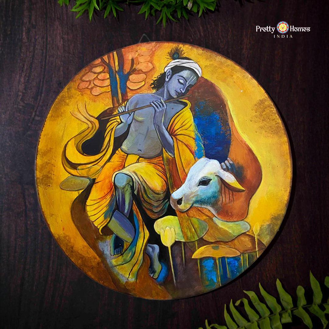 24”Round handpainted wall plate Modern style -flute Krishna with cow