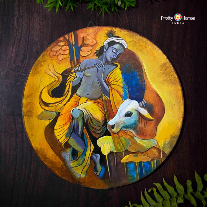 24”Round handpainted wall plate Modern style -flute Krishna with cow