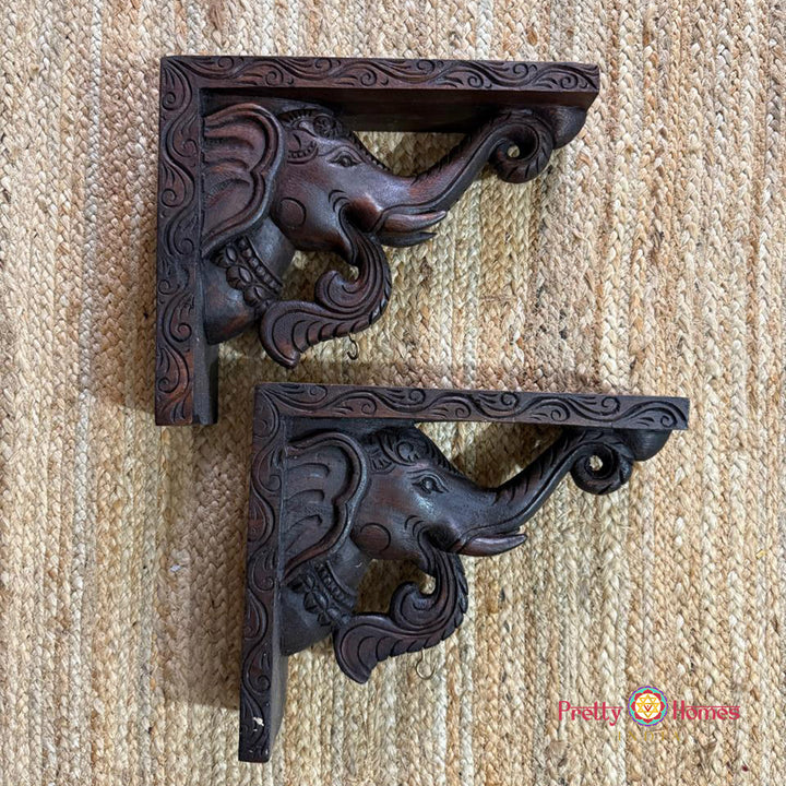 Woodcarved trunk up elephant bracket (Single)