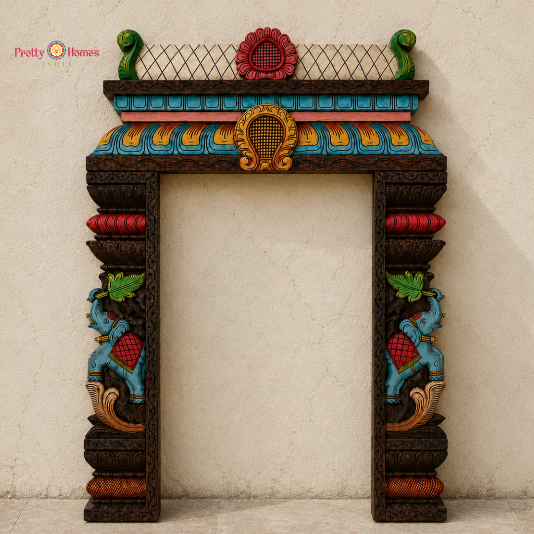 Wood-Carved Chettinad-Style Gopuram with Elephant Side Pillars