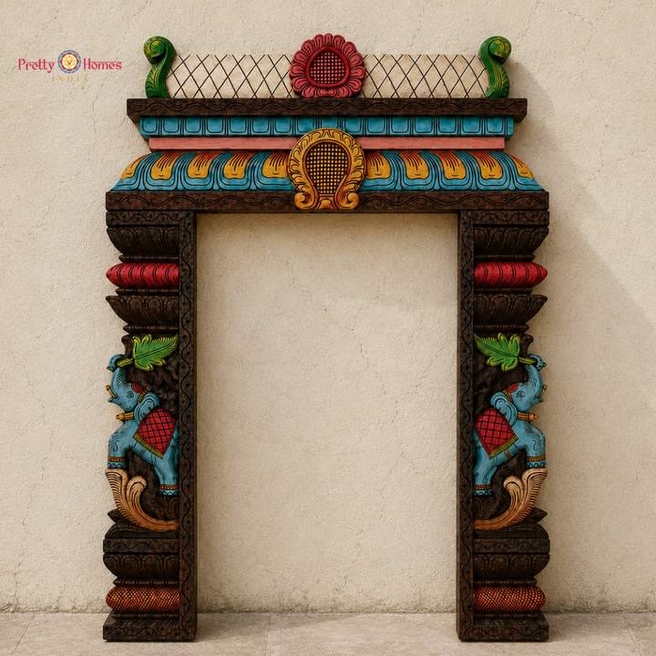 Wood-Carved Chettinad-Style Gopuram with Elephant Side Pillars